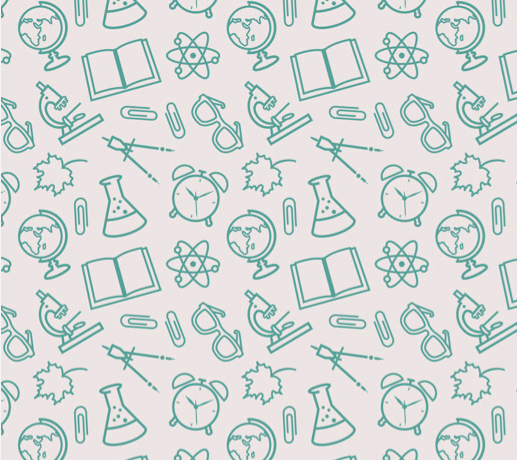 Padrão decorativo com ilustrações de itens escolares como globos, livros e microscópios.