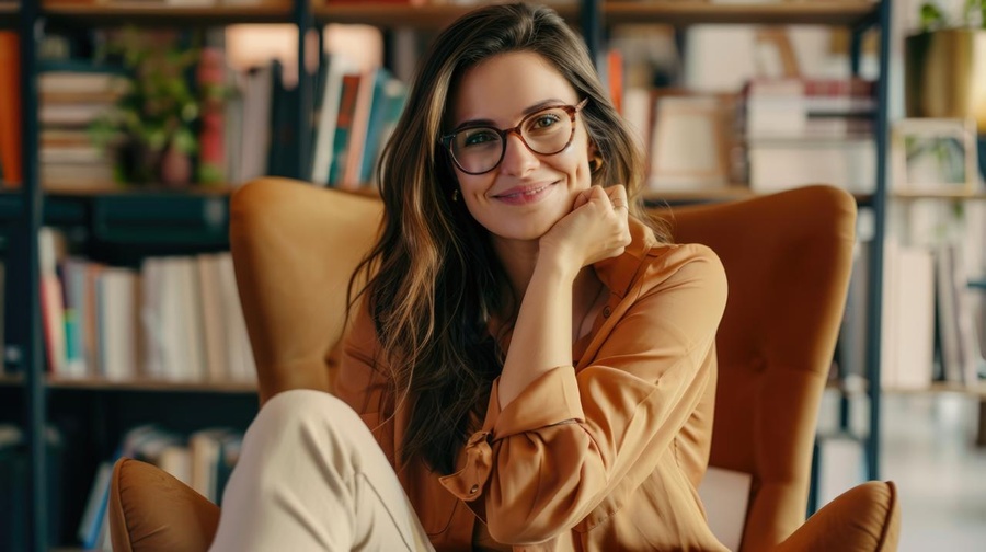 Mulher sorridente de óculos sentada em poltrona com estantes de livros ao fundo.