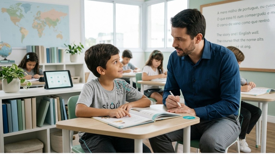 Professor auxiliando aluno em sala de aula moderna com outros estudantes e tecnologia.
