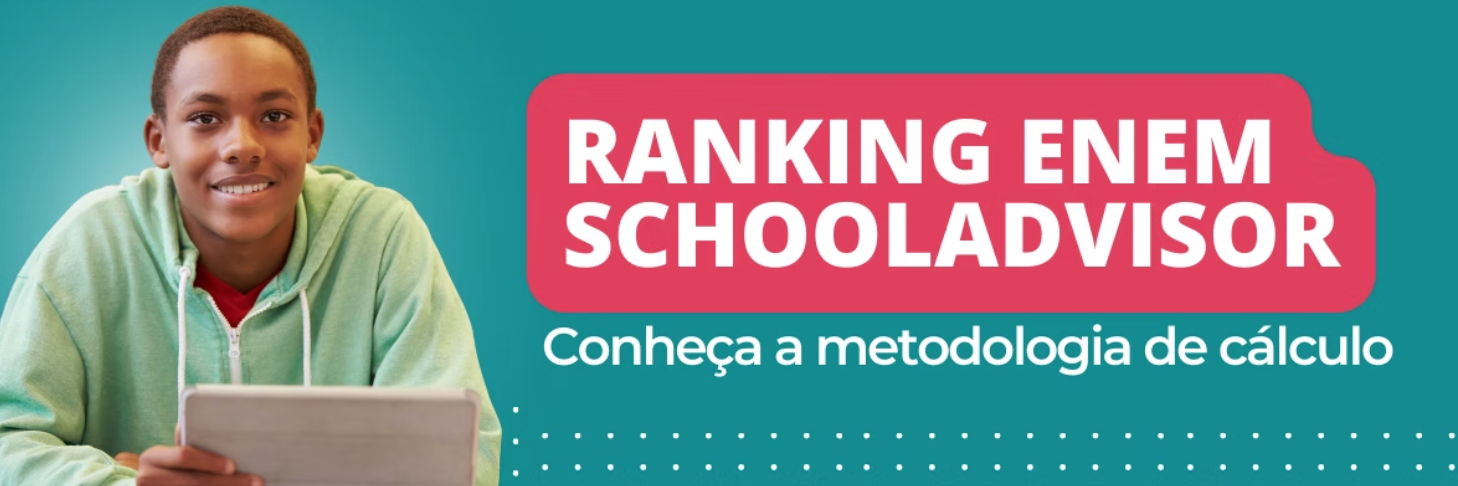 Imagem de capa do Guia de Melhores Escolas no ENEM, da SchoolAdvisor. A arte apresenta um garoto com a mensagem "Ranking Enem SchoolAdvisor - Conheça a Metodologia de Cálculo"